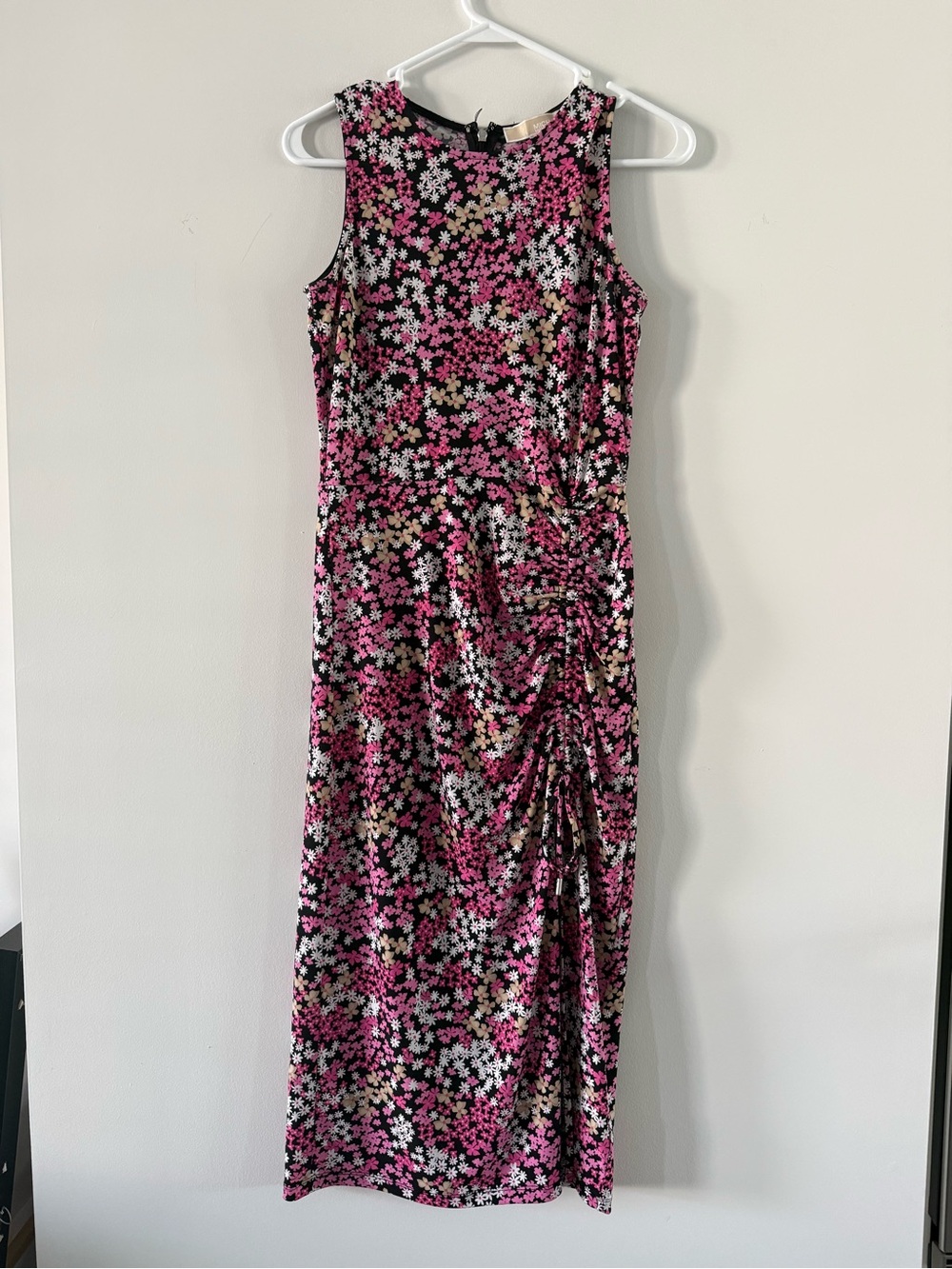 Michael Kors Sleeveless Pink Floral Ruched Midi Dress